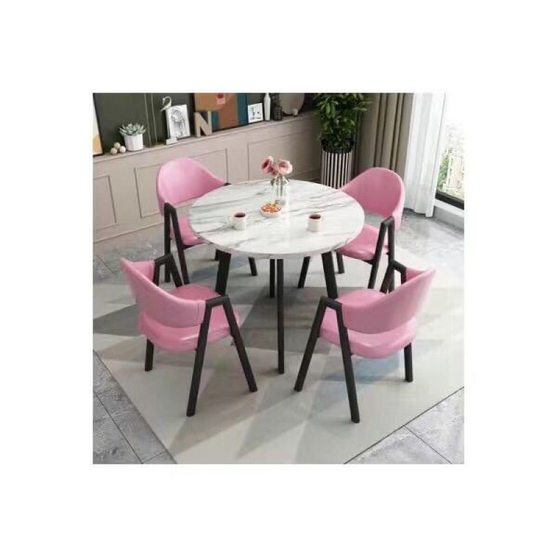 모조 흰색 대리석 테이블 상판 + 블랙 핑크 가죽 의자