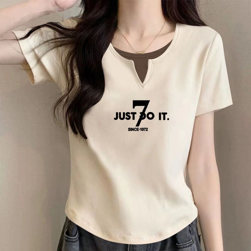純綿半袖tシャツ女性2025夏の新型デザイン感裾のアーチ型偽の2つのユニークなつなぎ合わせ上着の潮|undefined