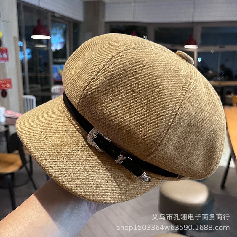 复古英伦风毛呢八角帽女秋冬百搭显脸小报童帽时尚金属皮扣贝雷帽|undefined