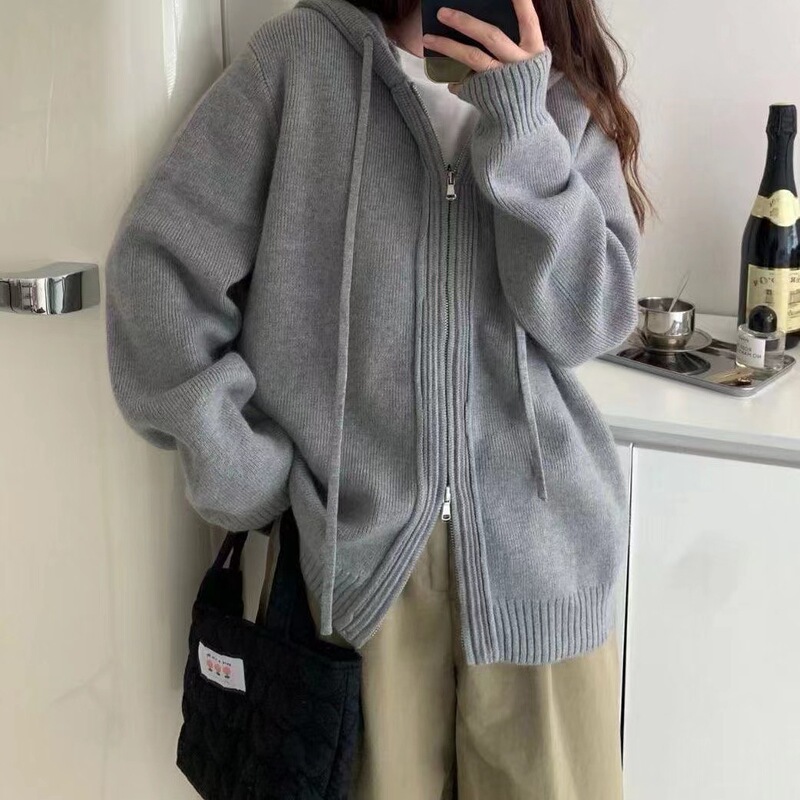 Mao Ning Autumn/Winter New Soft Sweater Cardigan for Women Korean Style Solid Color Casual Design Hooded Knitted Cardigan