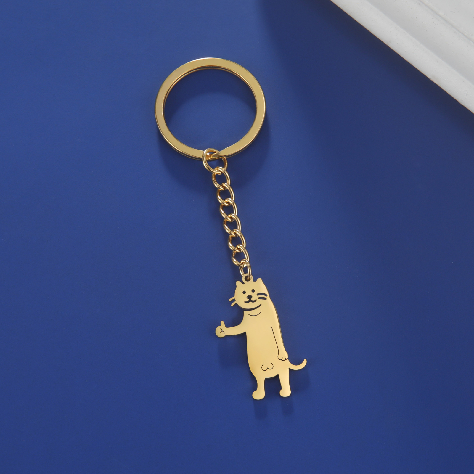 Hot Selling Cartoon Titanium Steel Cut Cute Thumbs-up Kitten Pendant 304 Material Stainless Steel Key Ring display picture 4