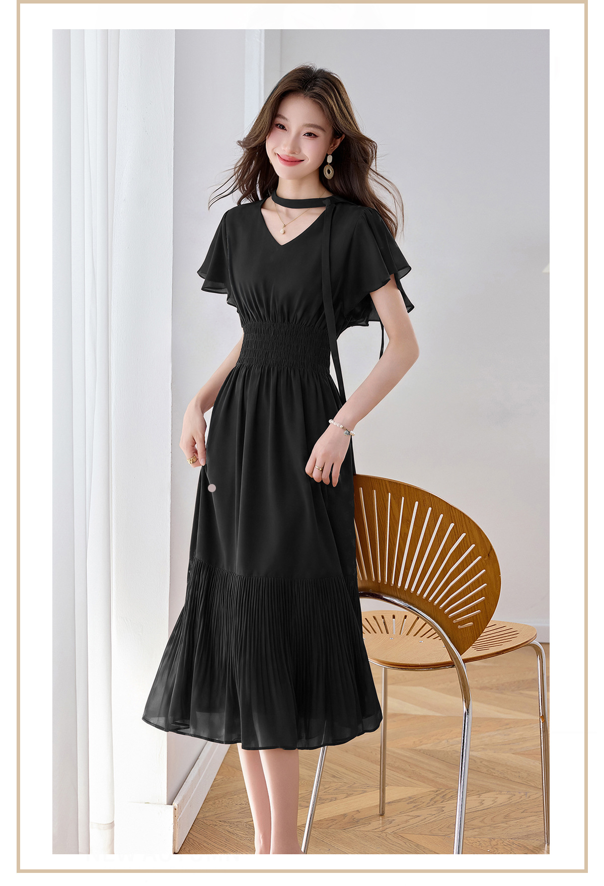 Đầm maxi nữ họa tiết hoa nhí thắt eo dáng chữ A dài quá gối — màu đen, màu hồng chi tiết 3