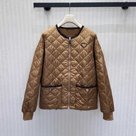 南油高定26秋冬新款金属三角形徽标菱格绗缝短款夹克棉服外套棉衣