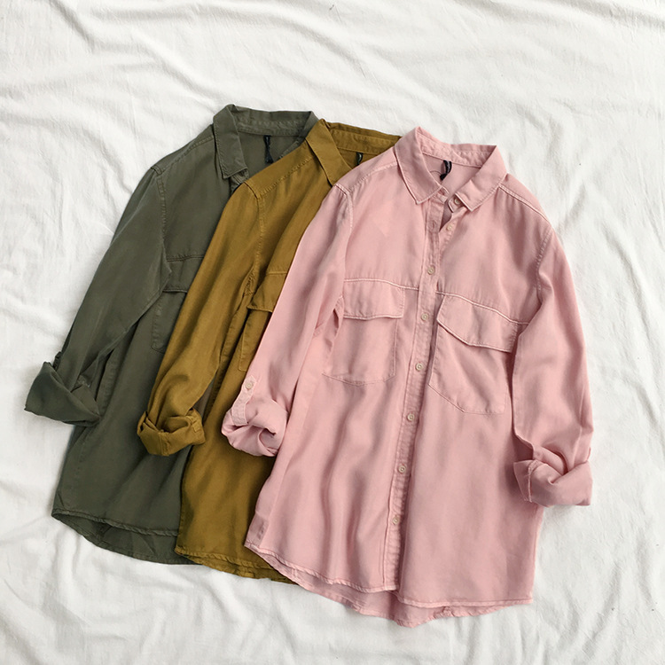 Retro handsome soft comfortable Tencel cotton BF style shirt lazy thin top versatile loose spring and autumn coat for women