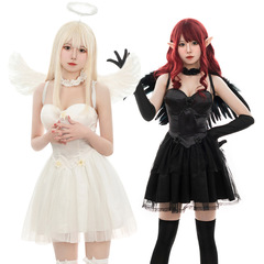ハロウィーン白い天使ネット糸スカート悪魔黒天使翼付きワンピース舞台コスプレ服