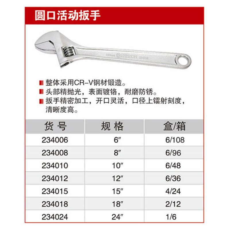 耐世活动扳手 圆口活口扳手 234006 234008 234010 234012 234024