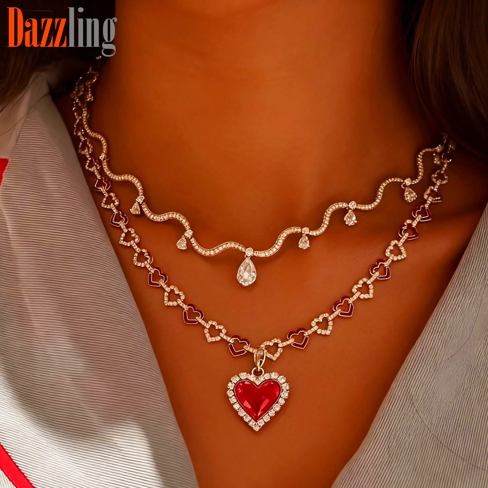 Collana da donna con zirconi a forma di onda e goccia, incastonatura di diamanti classica e alla moda, gioiello di tendenza con motivo geometrico e catena in metallo._voghion.com