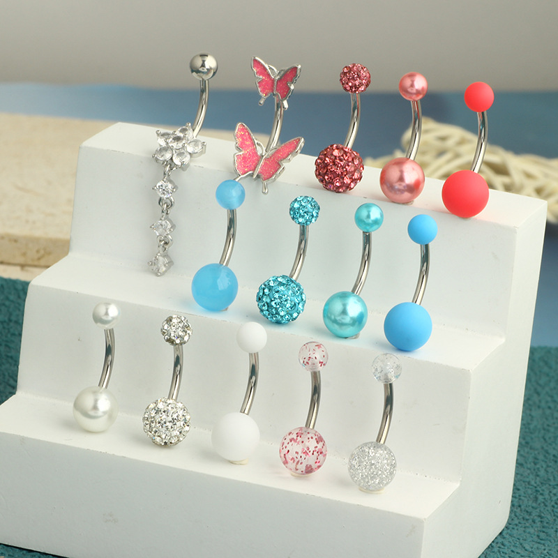 14-Piece Butterfly Navel Ring Set Stainless Steel Belly Button Piercing Jewelry Heart Design detail image 9
