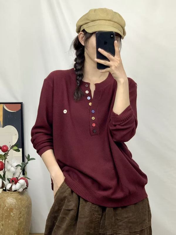 2025秋季新款 复古简约纯色拼接针织毛衣 宽松圆领纽扣套头毛衣女|undefined