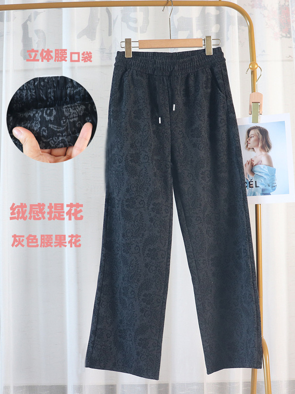 2025秋季新款时尚腰果花阔腿裤女松紧抽绳高腰直筒印花休闲裤气质|undefined