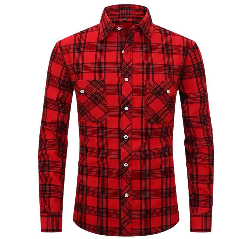 Customized 2026 Autumn New Men's Shirt, European and American Style Brushed Plaid Long-Sleeve Flannel Shirt with Double Pockets