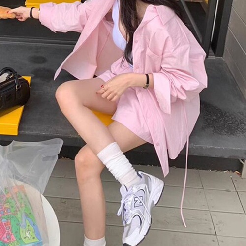 Korean-style summer sweet youthful loose-fitting top with tie detail, long-sleeved shirt, high-waisted wide-leg pants and shorts set