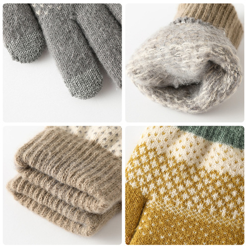 Knitted gloves for men and women, velvet, thickened, cold-proof touch screen, split-finger jacquard warm outdoor cycling gloves