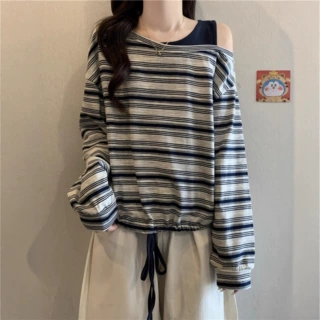 欧货2026秋季设计感斜领露肩抽绳撞色条纹卫衣女宽松长袖T恤上衣