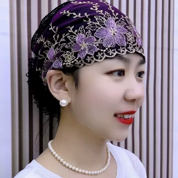 Lace Large Plate Flower Bare Head Covering White Hair Embroidered Fashion Headscarf Yarn Autumn Ethnic Base Collection Broken Hair Kitchen Hat