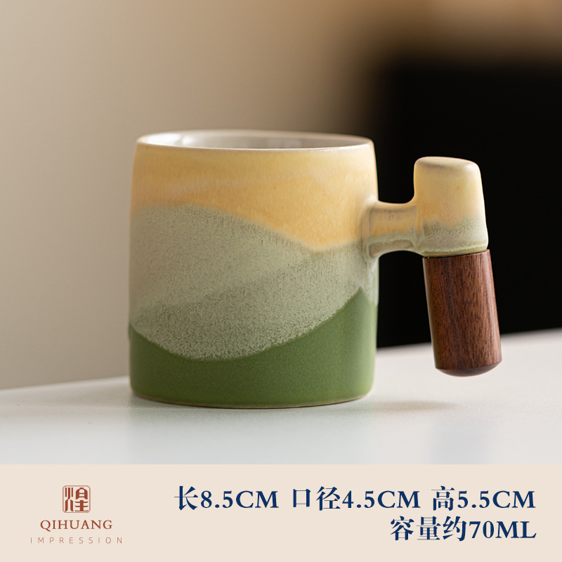 Mango de madera taza de café té taza de té gradiente esmalte exquisita cerámica pequeña taza de regalo caja de regalo traje al por mayor