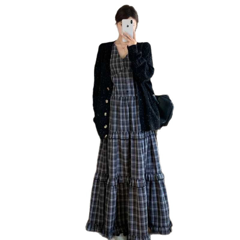 实拍大码女装2025秋冬宽松毛衣开衫外套女显瘦格子背心连衣裙套装|undefined