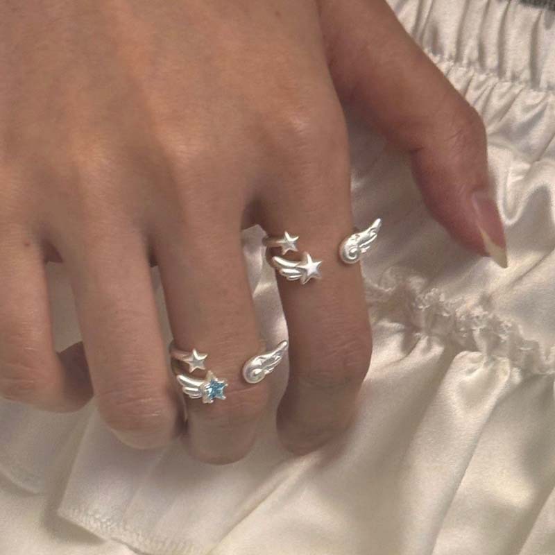 White Angel Star Wing Ring For Women Adjustable Open Design_voghion.com