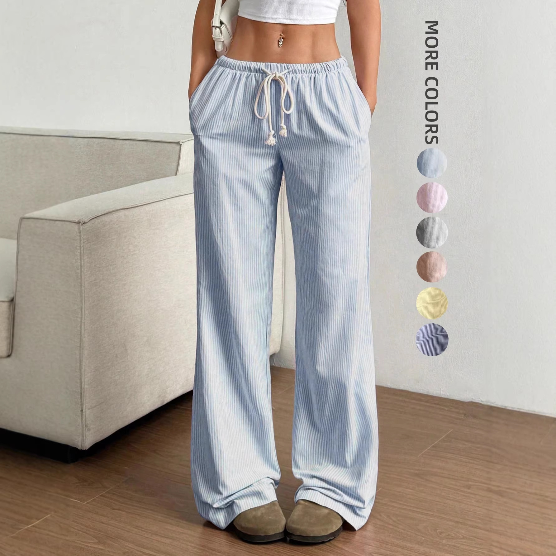 2025 European and American/Xiyin/Temu Amazon/Autumn New Women's Clothing Stripesd Sweet Wide-Leg Pants Floor-Length Casual