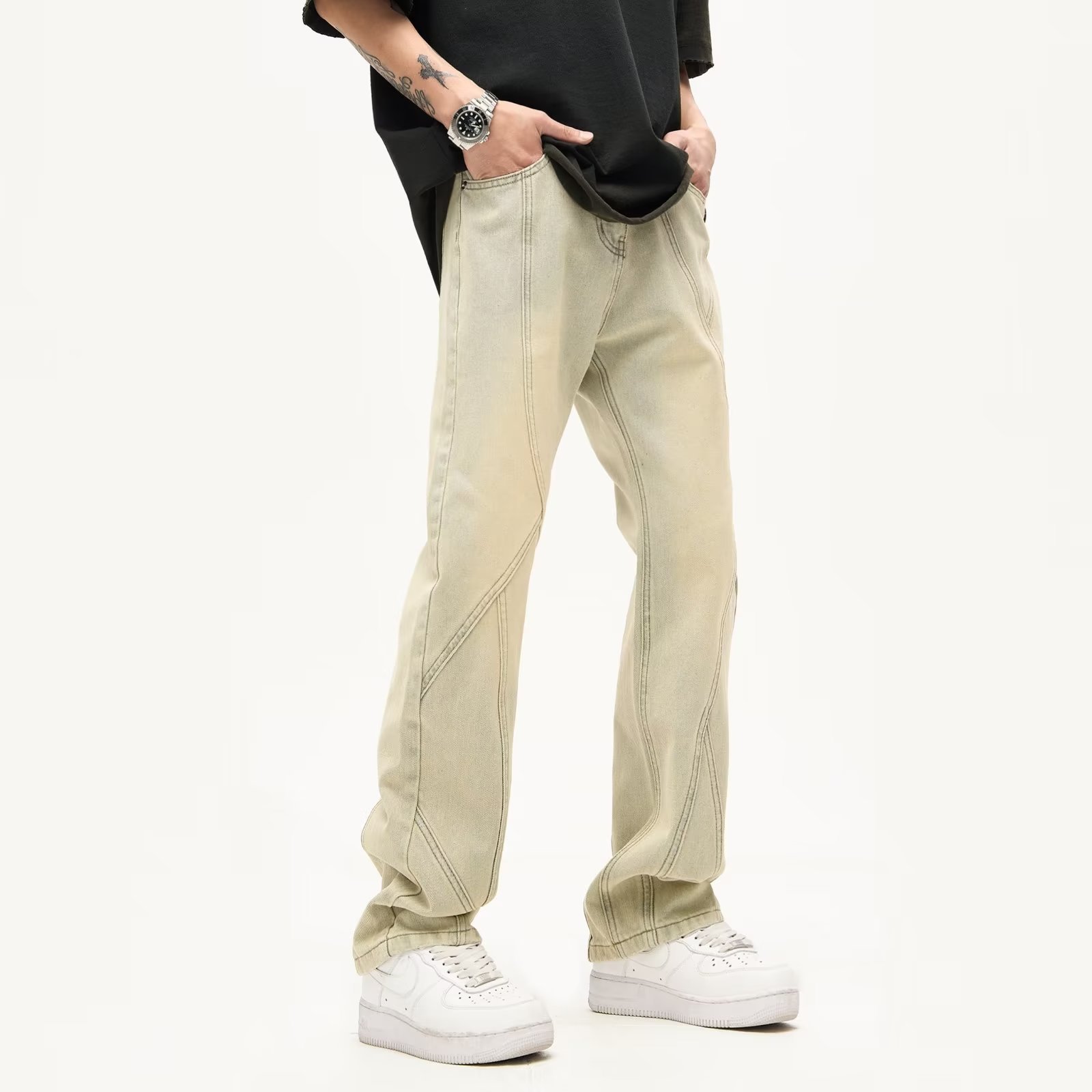 Primavera y otoño American High Street Jeans Pantalones de moda casual para hombres Pantalones amarillos de barro de diseño suelto recto de todo fósforo