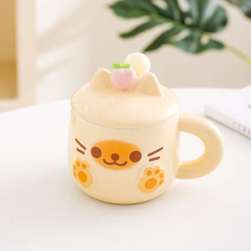 Cute taza de cerámica para gatos, taza de pareja con cuchara de tapa, taza de café, regalo de cumpleaños práctico