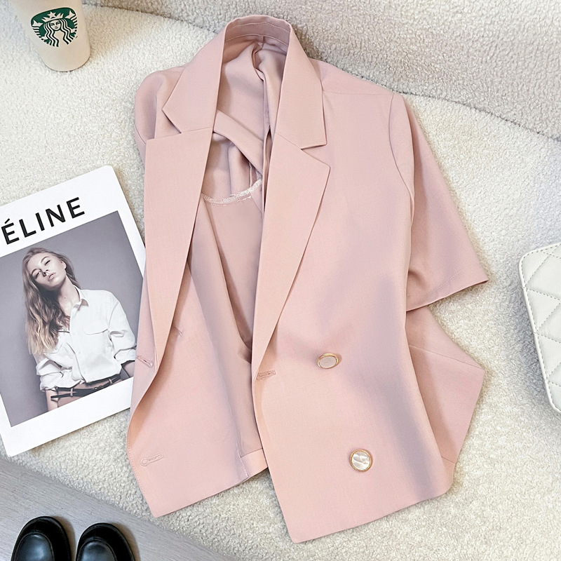 Summer Thin Pink Petite Blazer for Women 2025 New Style Elegant Goddess Style Short-Sleeved Top