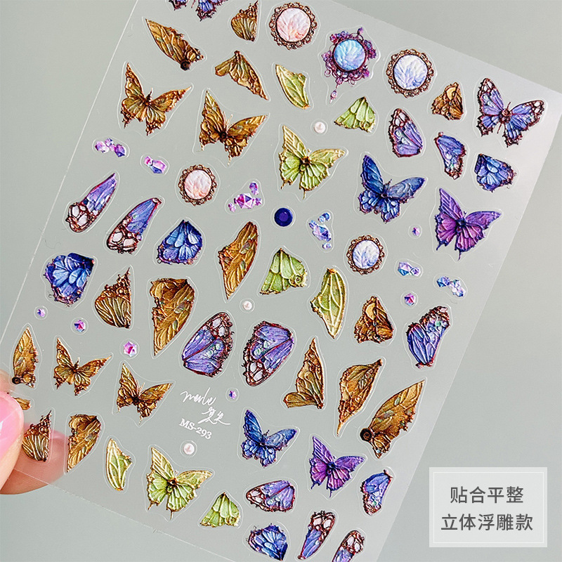 Manicura pegatinas de alto grado sentido Hada mariposa Super Hada tridimensional alivio japonés Internet celebridad caliente empuje seco Rosa verde planta