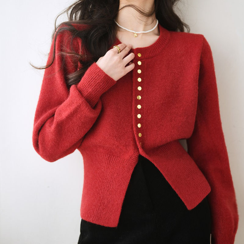 French Style Chanel Style Knitted Cardigan Women's Autumn and Winter Tight Waist Inner Base Top Exquisite Christmas Red Sweater