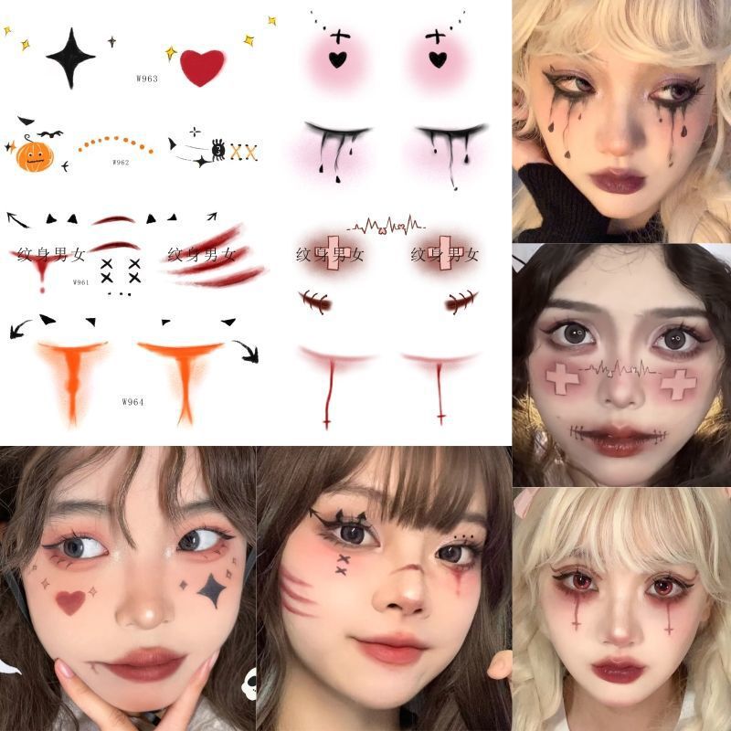 ハロウィーンのキラキラカボチャのタトゥーは小さな悪魔の目尻のメイク顔のシールの小さな魔女の顔のタトゥーを貼っています|undefined