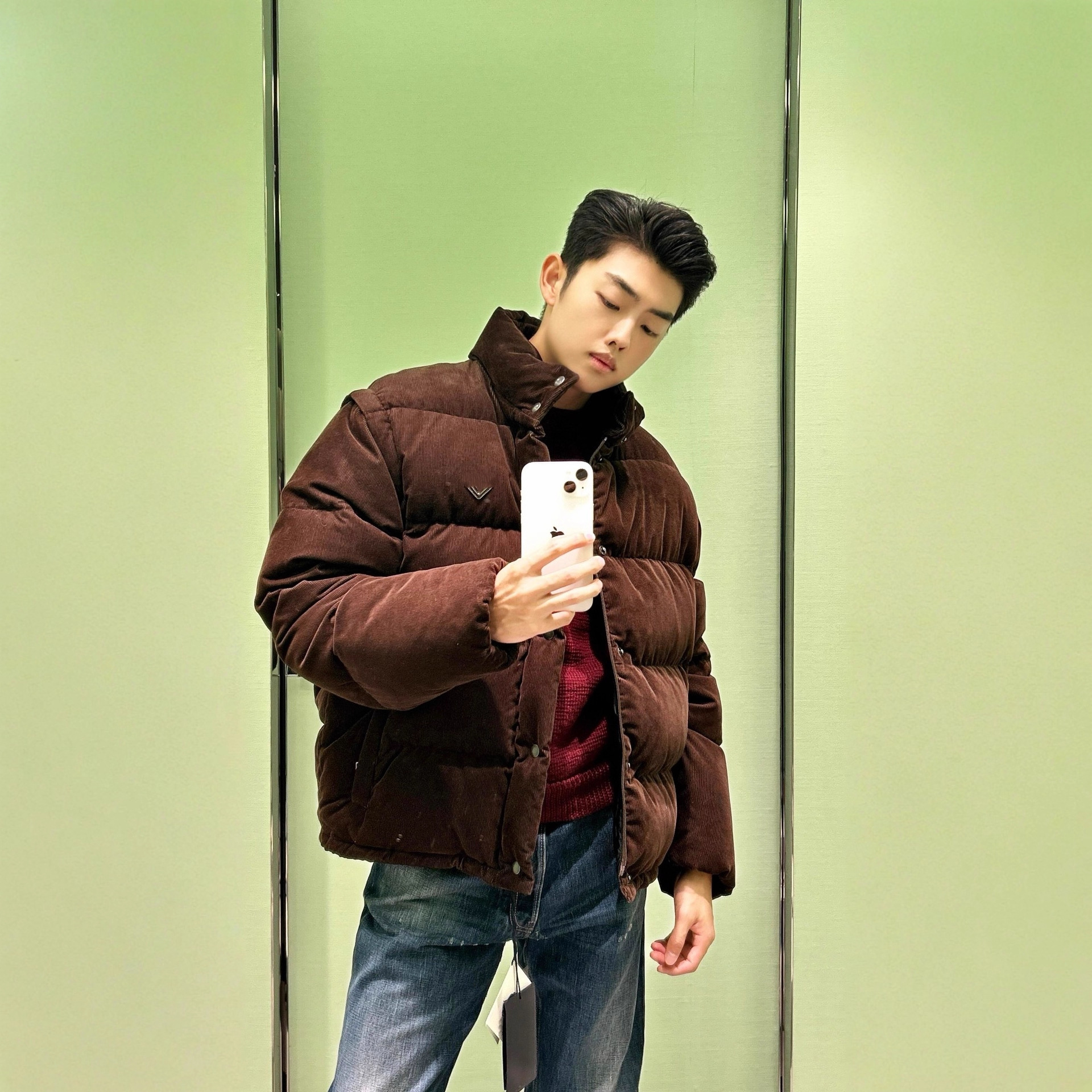 Correct Version of Original Label in Stock P Brand 25S Triangle Logo Corduroy Functional down Jacket Unisex Casual Loose Fit