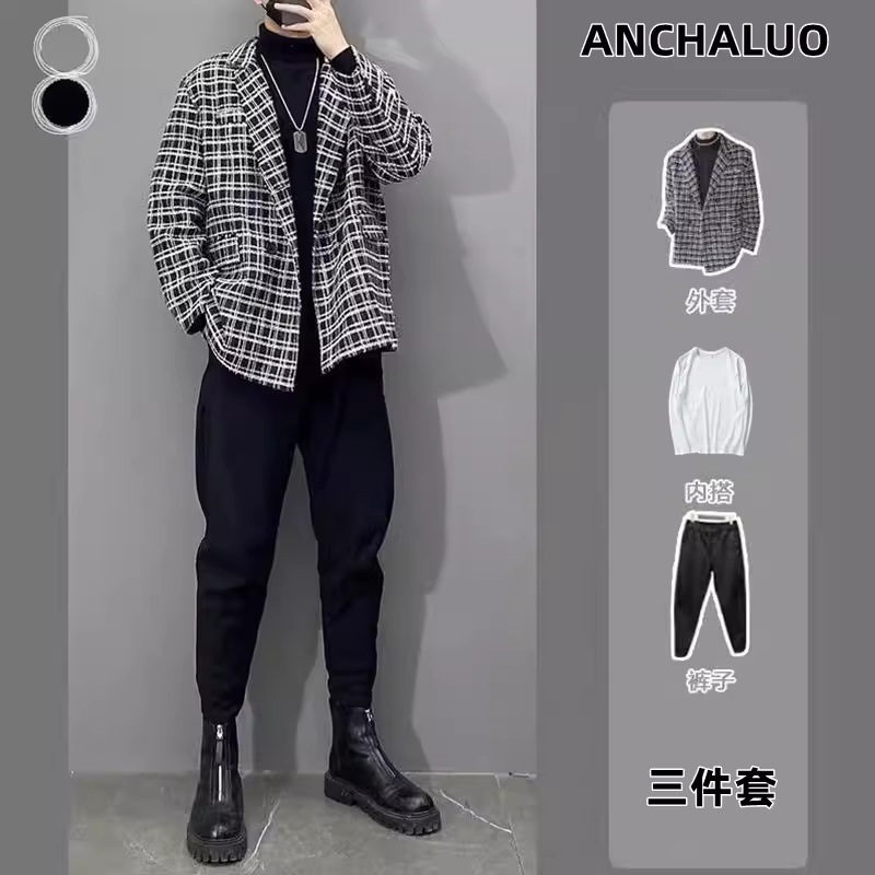 痞帅感套装男士夹克春秋季男装一整套男生潮牌小香风外套衣服