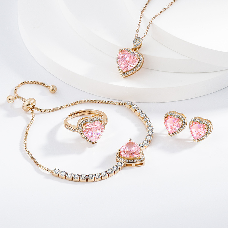 All Seasons Season Women's Gender Wholesale Jewelry Elegant Modern Style Heart Shape Copper Zircon Plating Jewelry Set Cable Chain Box Chain