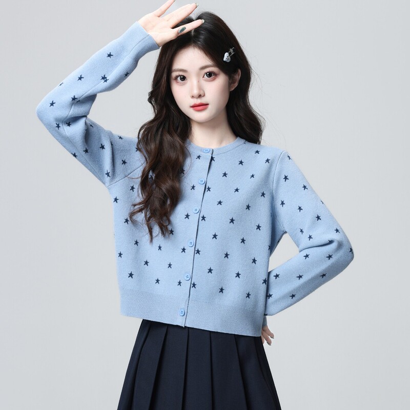 Blue Round Neck Knit Cardigan for Women, Spring and Autumn 2026 New Style, Star Jacquard Loose Sweater Coat, Short Top Blue Round Neck Knit Cardigan for Women, Spring and Autumn 2026 New Style, Star Jacquard Loose Sweater Coat, Short Top