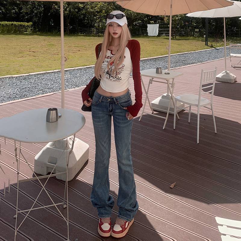 Wholesale American Retro Style Hot Girl Low-Waist Flared Pants Slim Fit Stretchy Autumn and Winter Women's Jeans Long Pants Extended Length