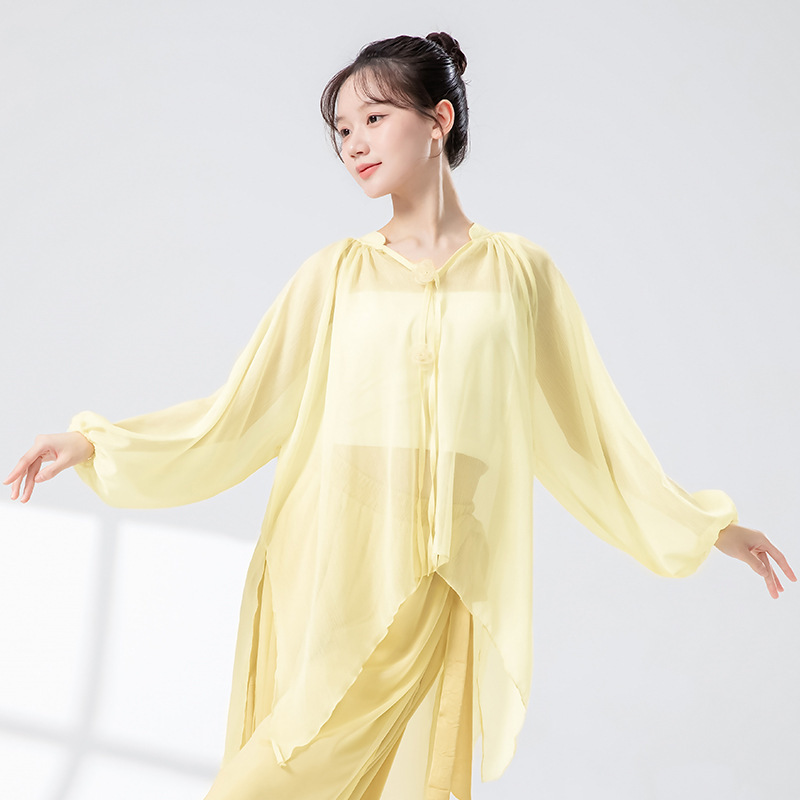 女性用クラシックダンス服、春夏新作、エレガントなガーゼ服、中国舞踊練習服、モダンダンスゆったりトレーニング服|undefined
