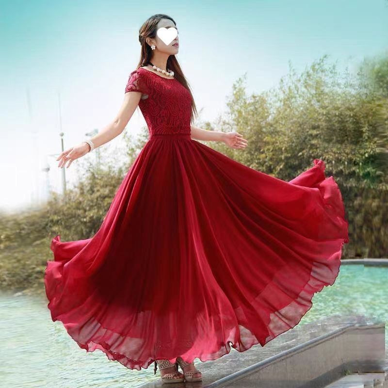 Slim Lace Dress, Fashionable Red Chiffon Bohemian Style Short-Sleeved Long Dance Skirt