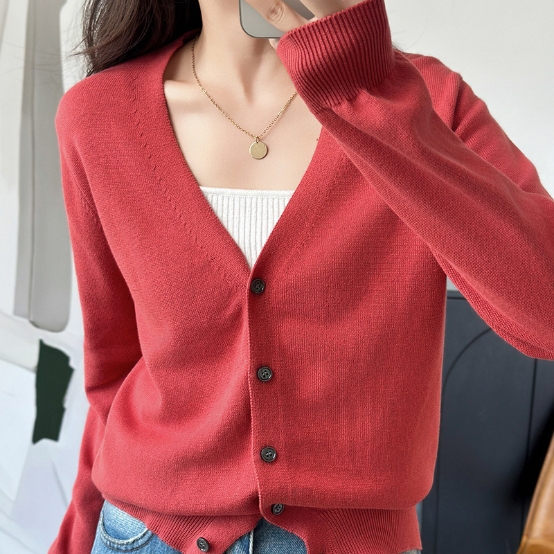 Fashion Item 100% Cotton Cardigan Women's Outer Wear 2025 New Autumn and Winter Outwear Knitted Knitwear V Neck Knitwear