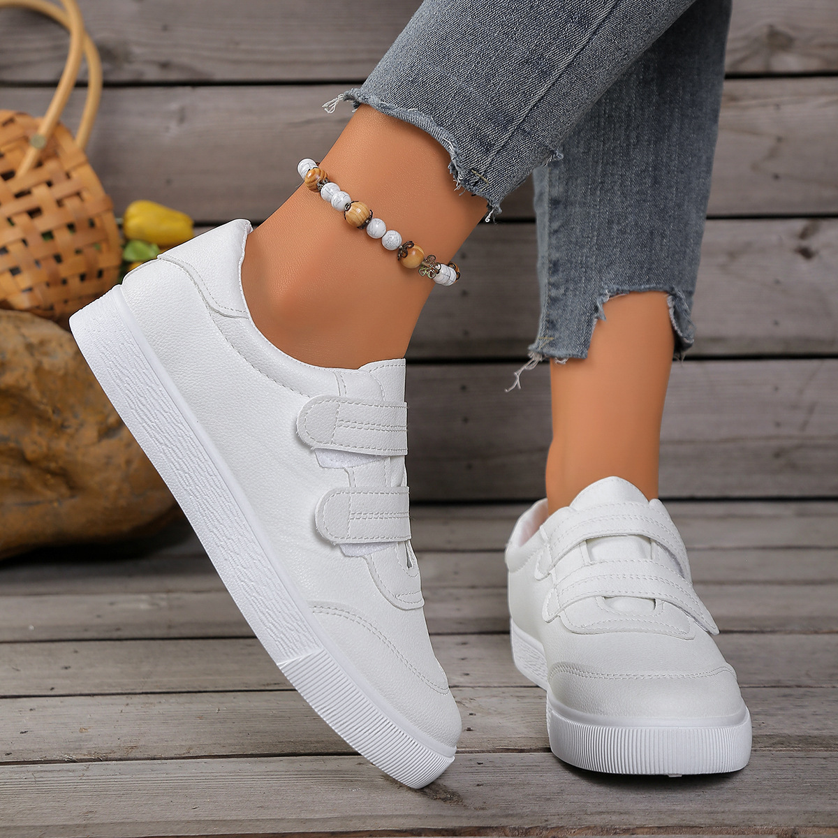 White Shoes for Women 2025 Autum New Korean Style Velcro Flats Shoes Casual Sports Student Shoes Breathable White Shoes