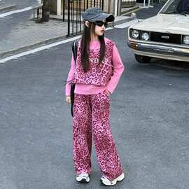 女童春秋季新款时髦ins风豹纹三件套儿童炸街潮流运动风套装