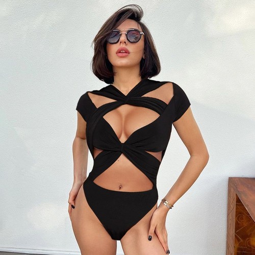 2024 Summer Women's Crossed Hollow Sexy Waistband Short Sleeve Crop Top Bodysuit Wholesale 