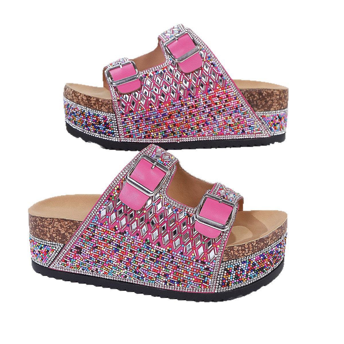 Verano nuevo diamante europeo y americano zapatillas de playa para mujeres 2025 tamaño grande doble botón corcho fondo grueso sandal wish al por mayor