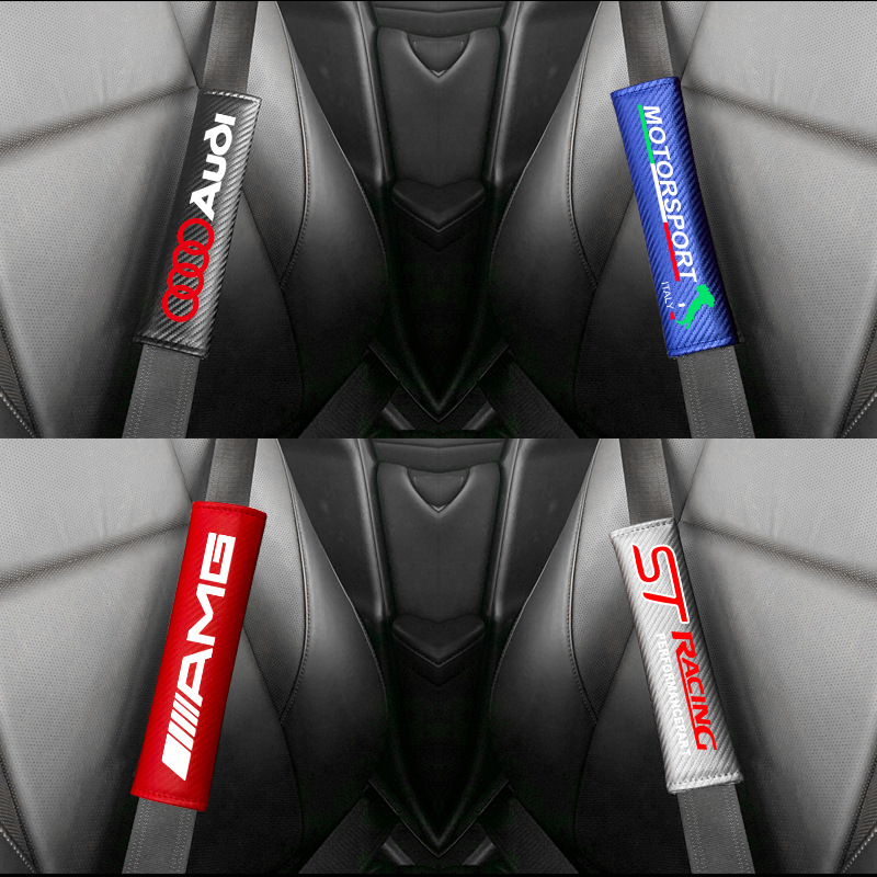 Car Carbon Fiber Pattern Seat Belt Shoulder Pad, Seat Belt Protector, Decorative Car Shoulder Pad with Car Logo Accessories