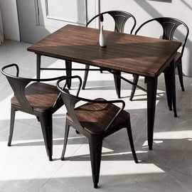 美式实木餐桌椅套装咖啡厅火锅烧烤店桌子铁艺长条桌餐厅餐椅组合