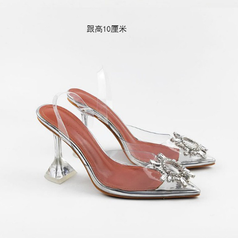 Sandalias de Punta cerrada para mujeres 2022 nueva primavera rhinestone punta puntiaguda tacón grueso versátil sexy temperamento boca baja cristal transparente zapatos de una sola capa