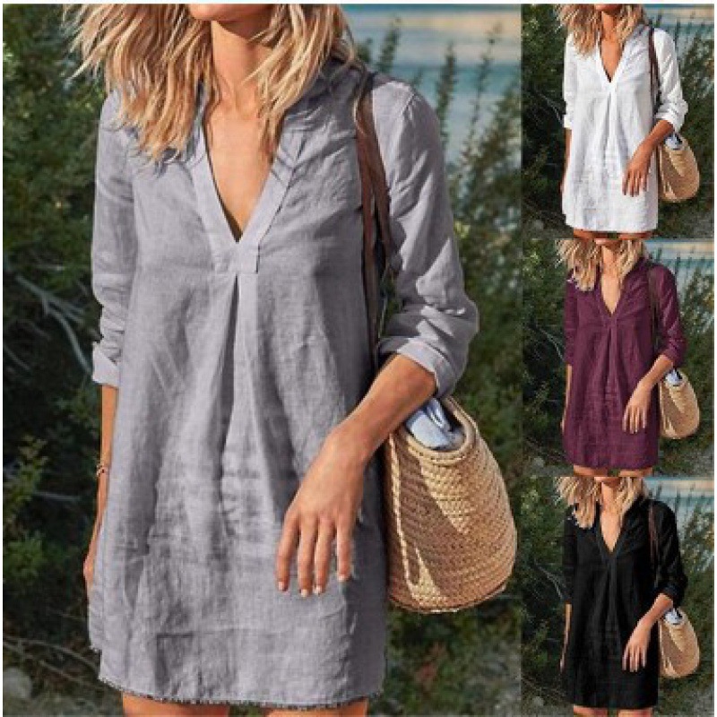 Vestido midi femenino de manga larga, cuello en V
