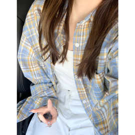 蓝黄色格子衬衫内搭外穿夏季衬衣薄款外套女宽松格纹上衣美式穿搭