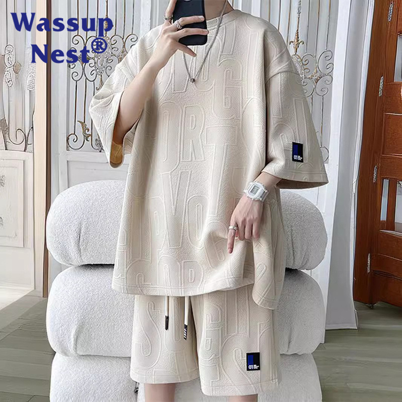 wasuup summer short sleeve shorts suit men's plus size loose summer men's casual men's wear fashion