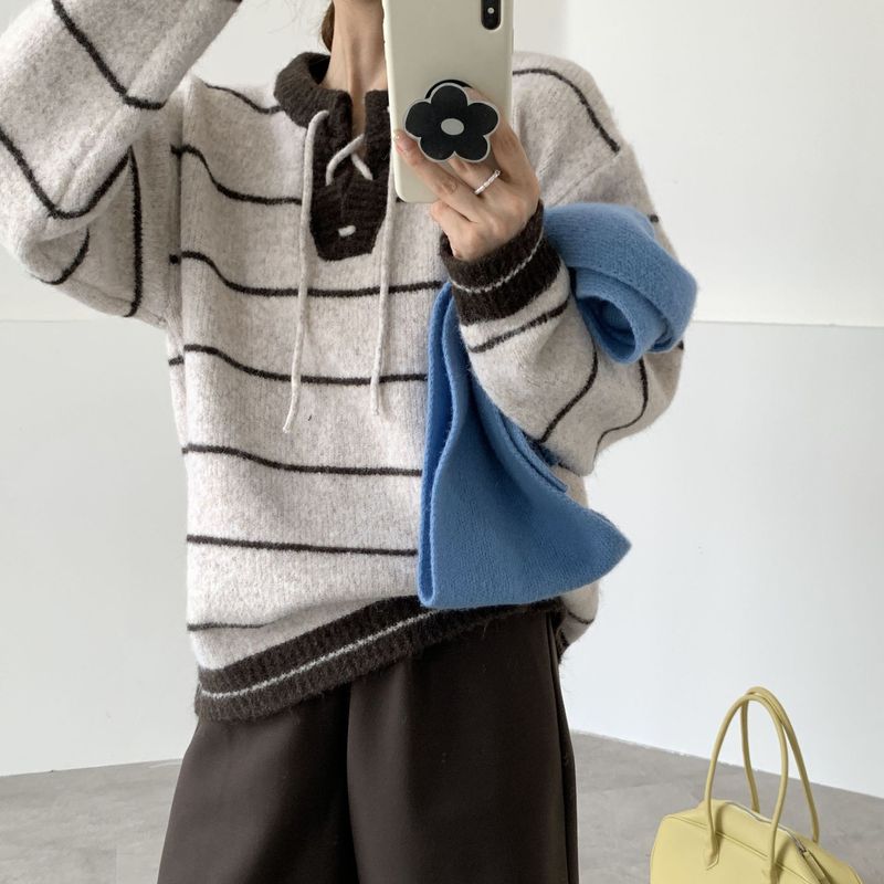 秋冬新款毛衣女2025韩系撞色条纹休闲手工穿绳慵懒风系带针织上衣|undefined