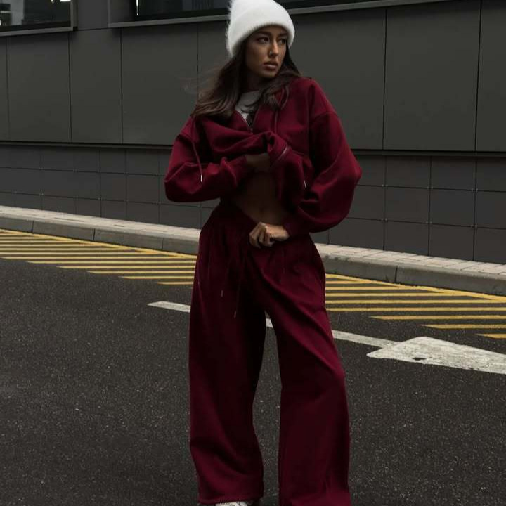 时尚欧美ins女装休闲长袖连帽运动开衫长裤两件套春秋女装棉卫衣|undefined