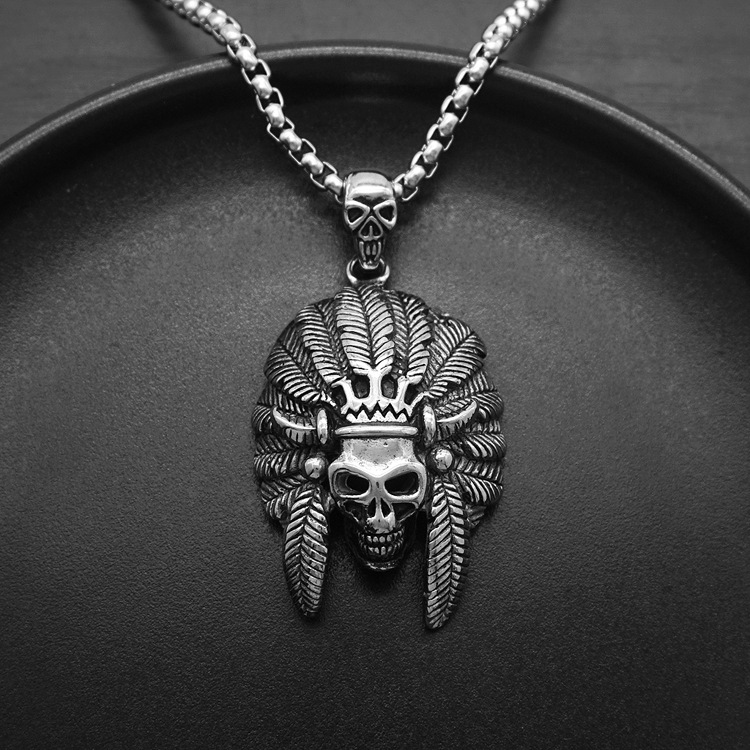 Cross Border European and American Retro Gothic Indian Skull Pendant Punk Hip Hop Halloween Men Titanium Steel Necklace